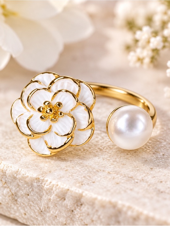 Jewelry - White Enamel Flower & Faux Pearl Adjustable Gold Tone Open Ring
